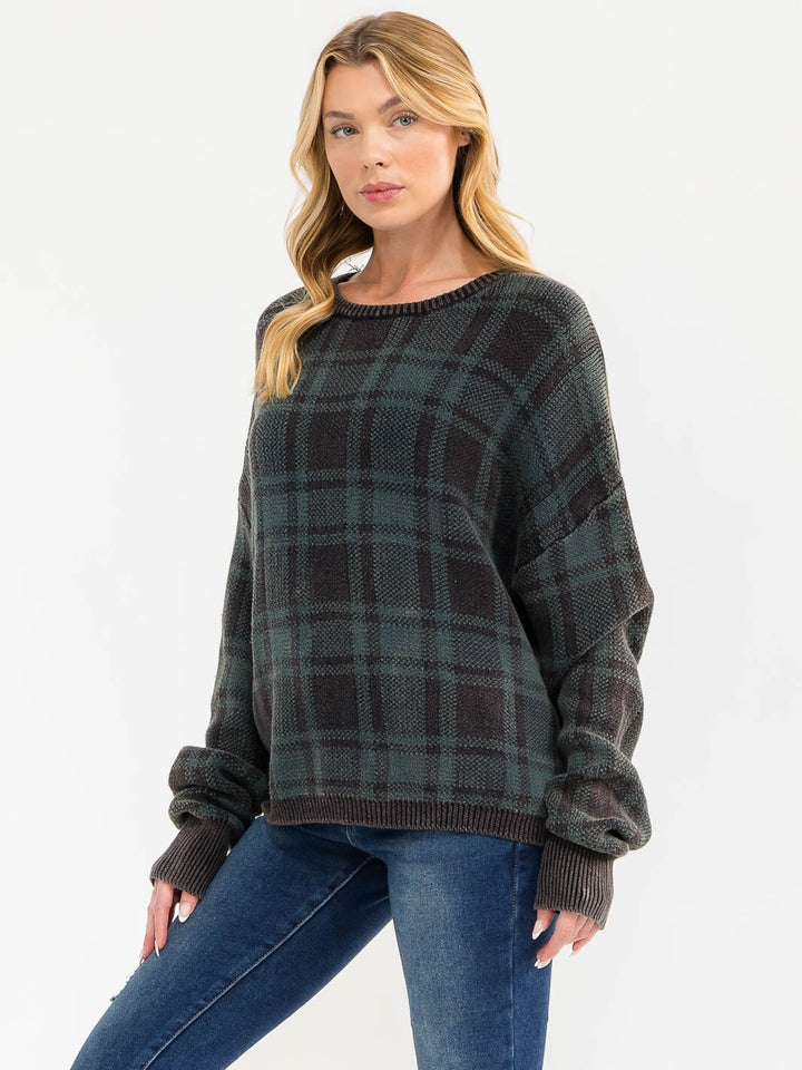 WOMEN'S LONG SLEEVE PLAID PULLOVER SWEATER