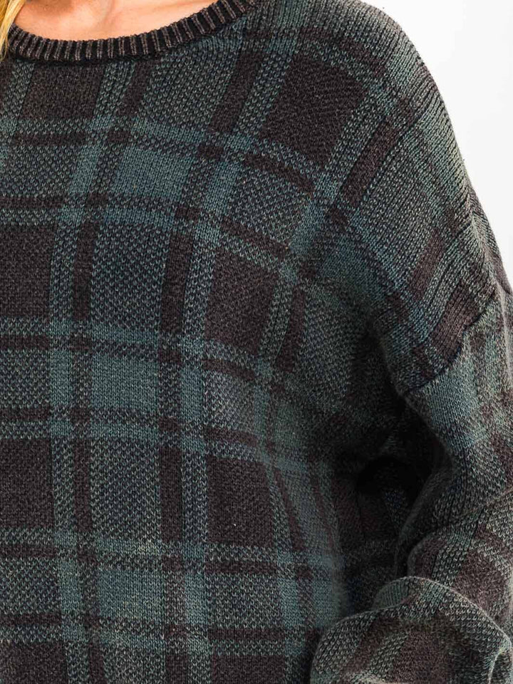 WOMEN'S LONG SLEEVE PLAID PULLOVER SWEATER