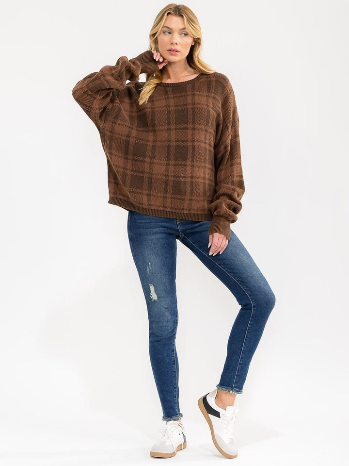 WOMEN'S LONG SLEEVE PLAID PULLOVER SWEATER