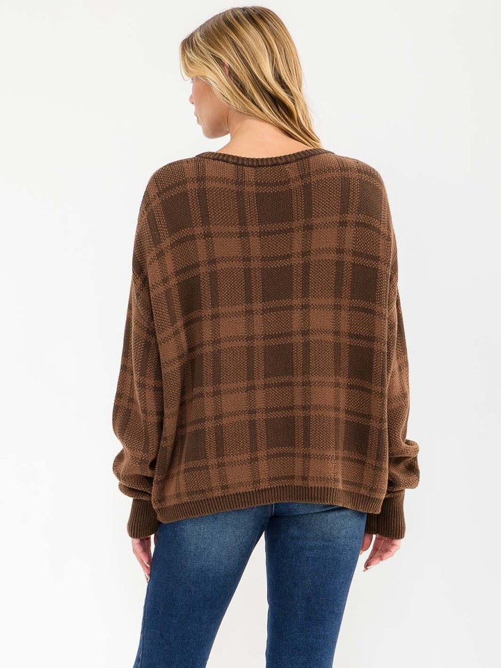 WOMEN'S LONG SLEEVE PLAID PULLOVER SWEATER