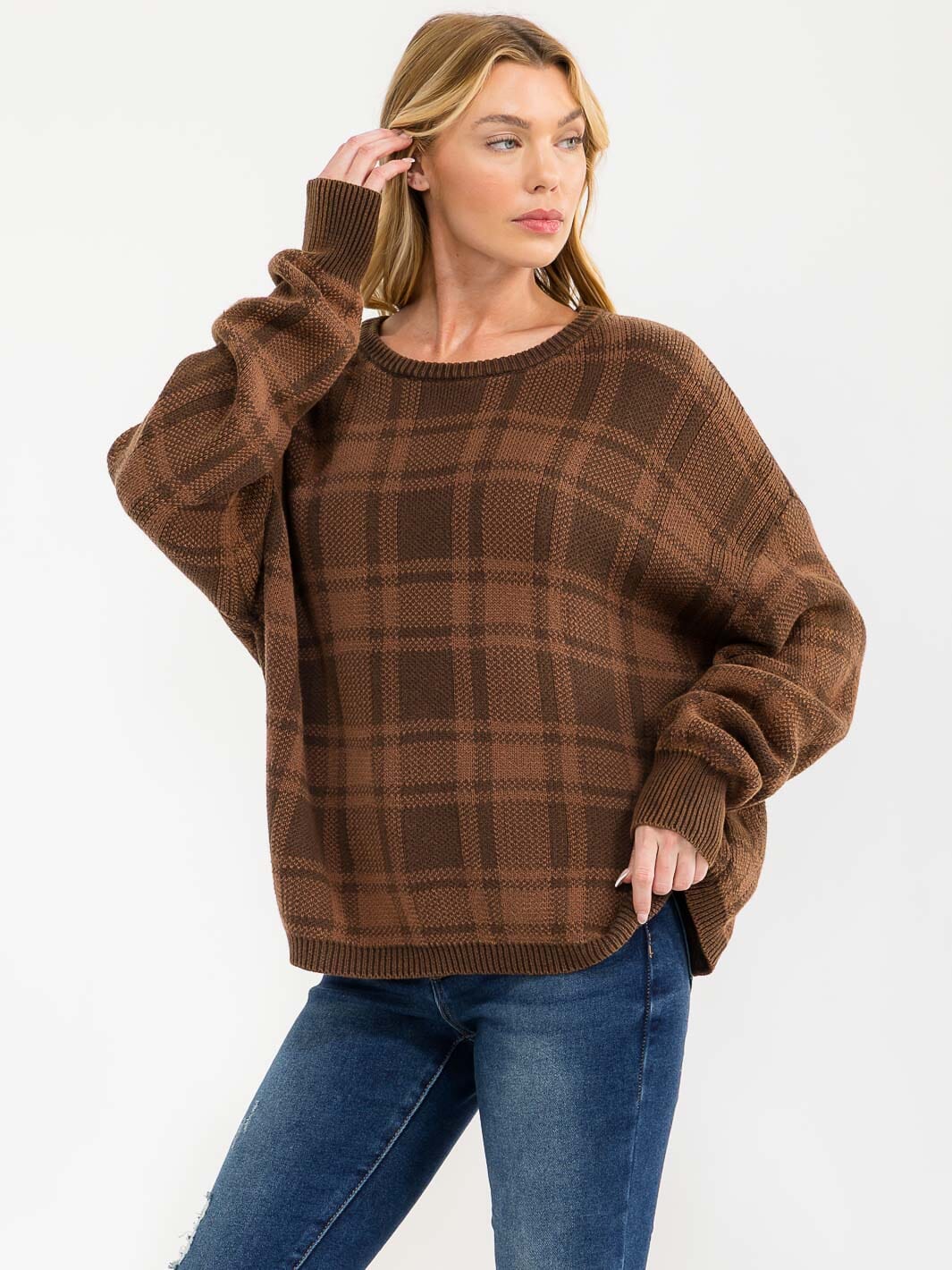 WOMEN'S LONG SLEEVE PLAID PULLOVER SWEATER