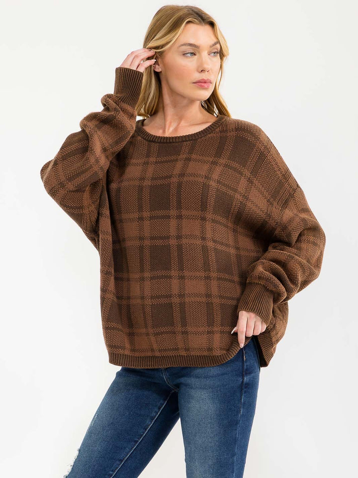 WOMEN'S LONG SLEEVE PLAID PULLOVER SWEATER