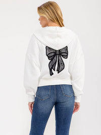 WOMEN'S LONG SLEEVE ZIPPER CLOSURE FRONT POCKETS BACK DETAILED HOODED SWEATER
