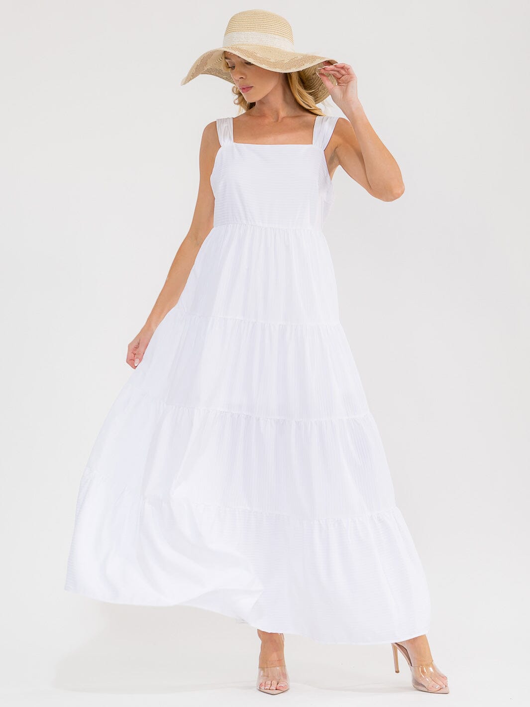 WOMEN'S SLEEVELESS SQUARE NECK TIERED MAXI DRESS