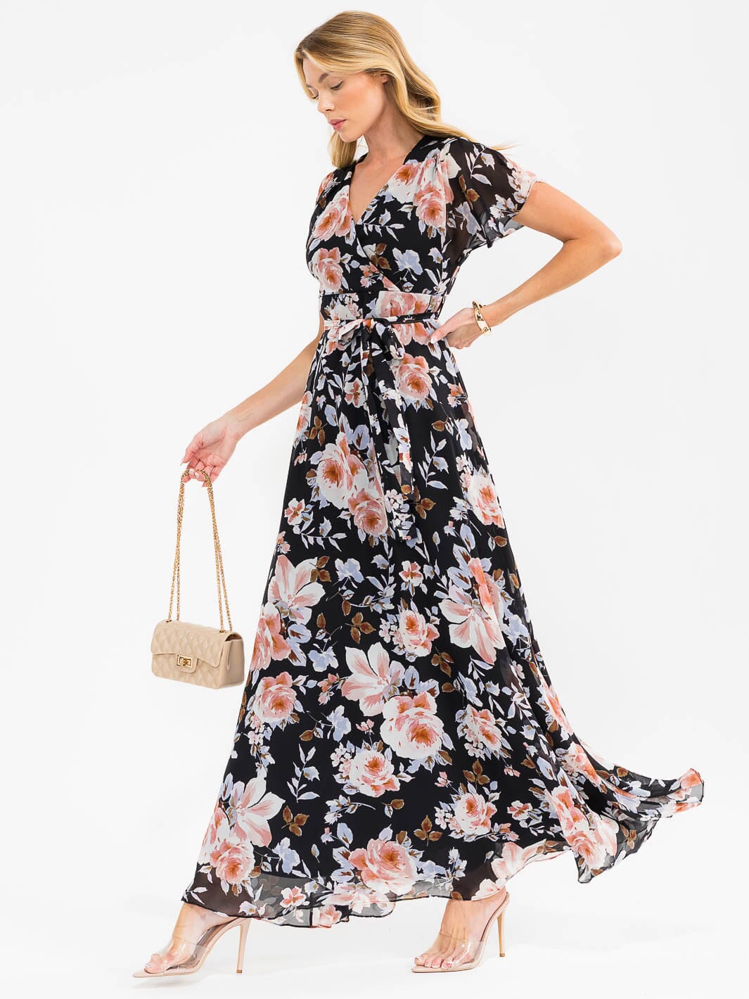 WOMEN'S SHORT SLEEVE SURPLICE SELF TIE FLORAL MAXI DRESS
