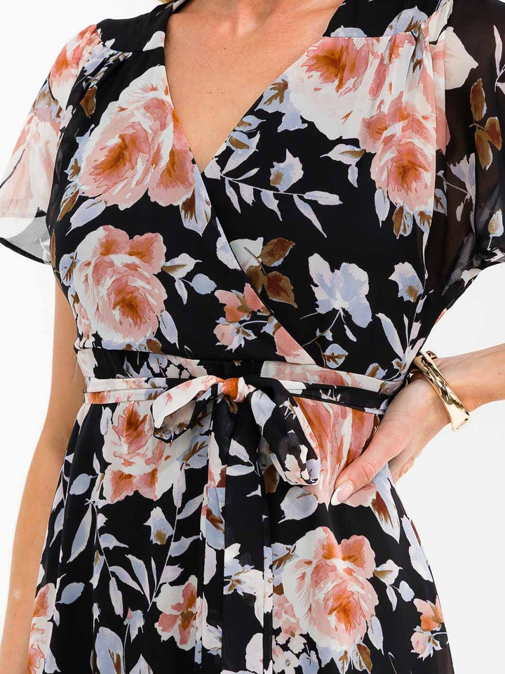 WOMEN'S SHORT SLEEVE SURPLICE SELF TIE FLORAL MAXI DRESS