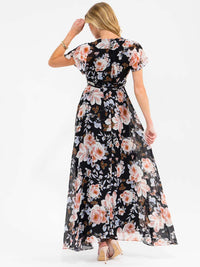 WOMEN'S SHORT SLEEVE SURPLICE SELF TIE FLORAL MAXI DRESS