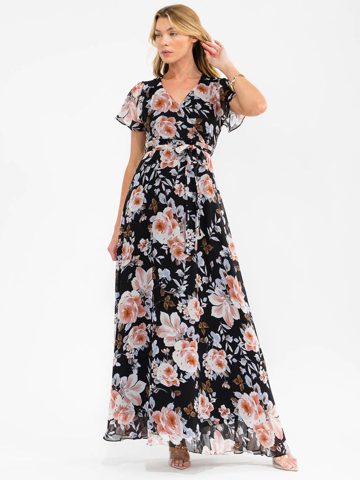 WOMEN'S SHORT SLEEVE SURPLICE SELF TIE FLORAL MAXI DRESS