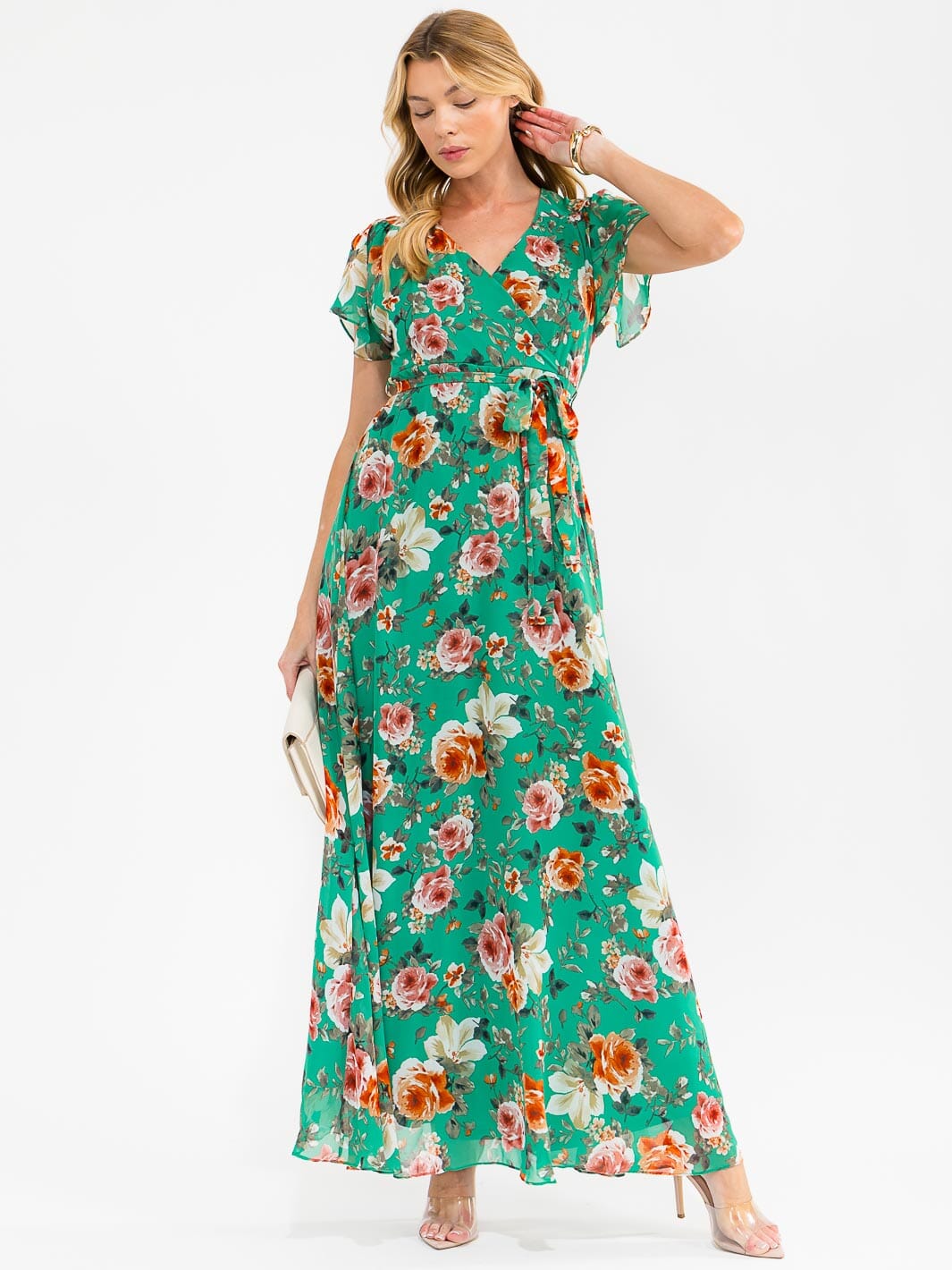 WOMEN'S SHORT SLEEVE SURPLICE SELF TIE FLORAL MAXI DRESS