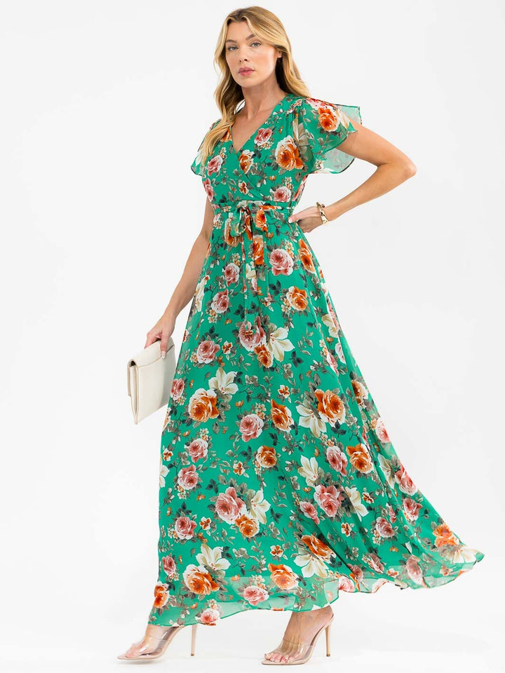 WOMEN'S SHORT SLEEVE SURPLICE SELF TIE FLORAL MAXI DRESS