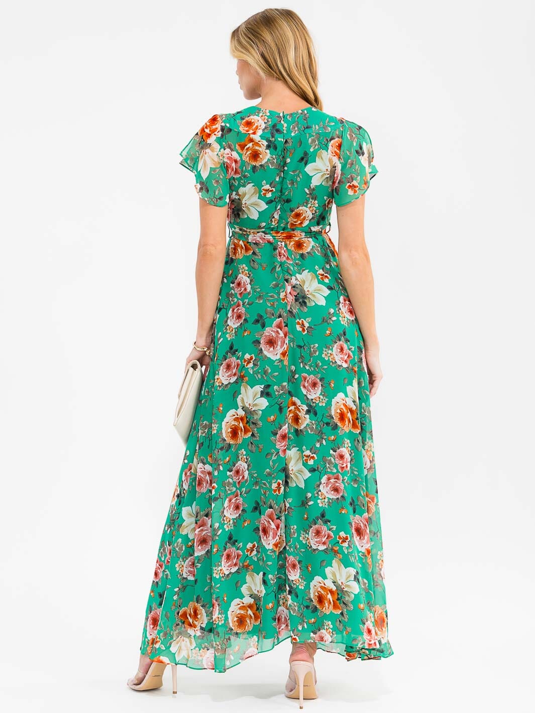 WOMEN'S SHORT SLEEVE SURPLICE SELF TIE FLORAL MAXI DRESS