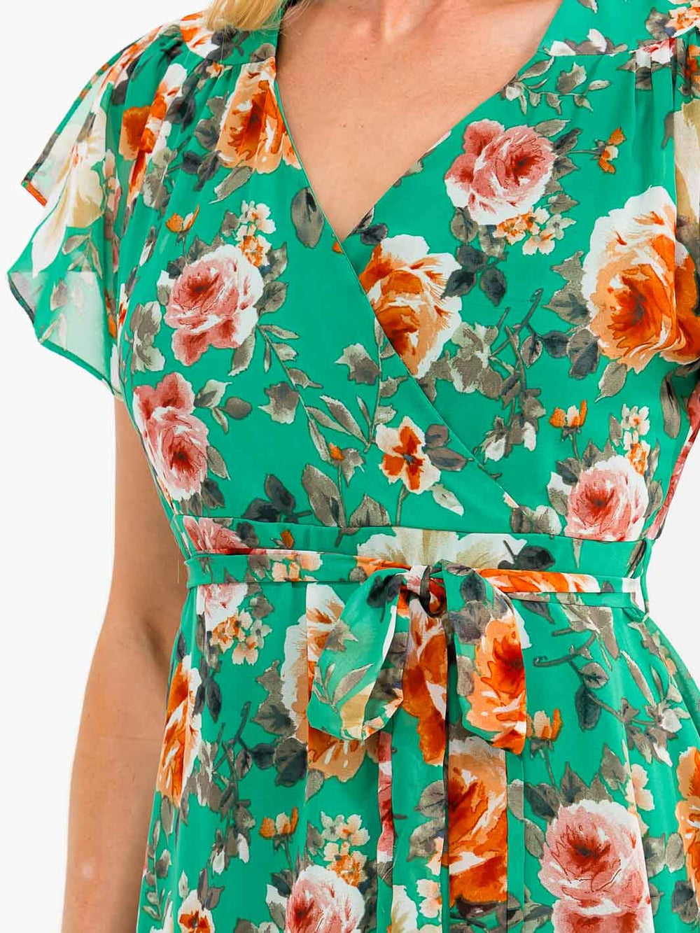 WOMEN'S SHORT SLEEVE SURPLICE SELF TIE FLORAL MAXI DRESS