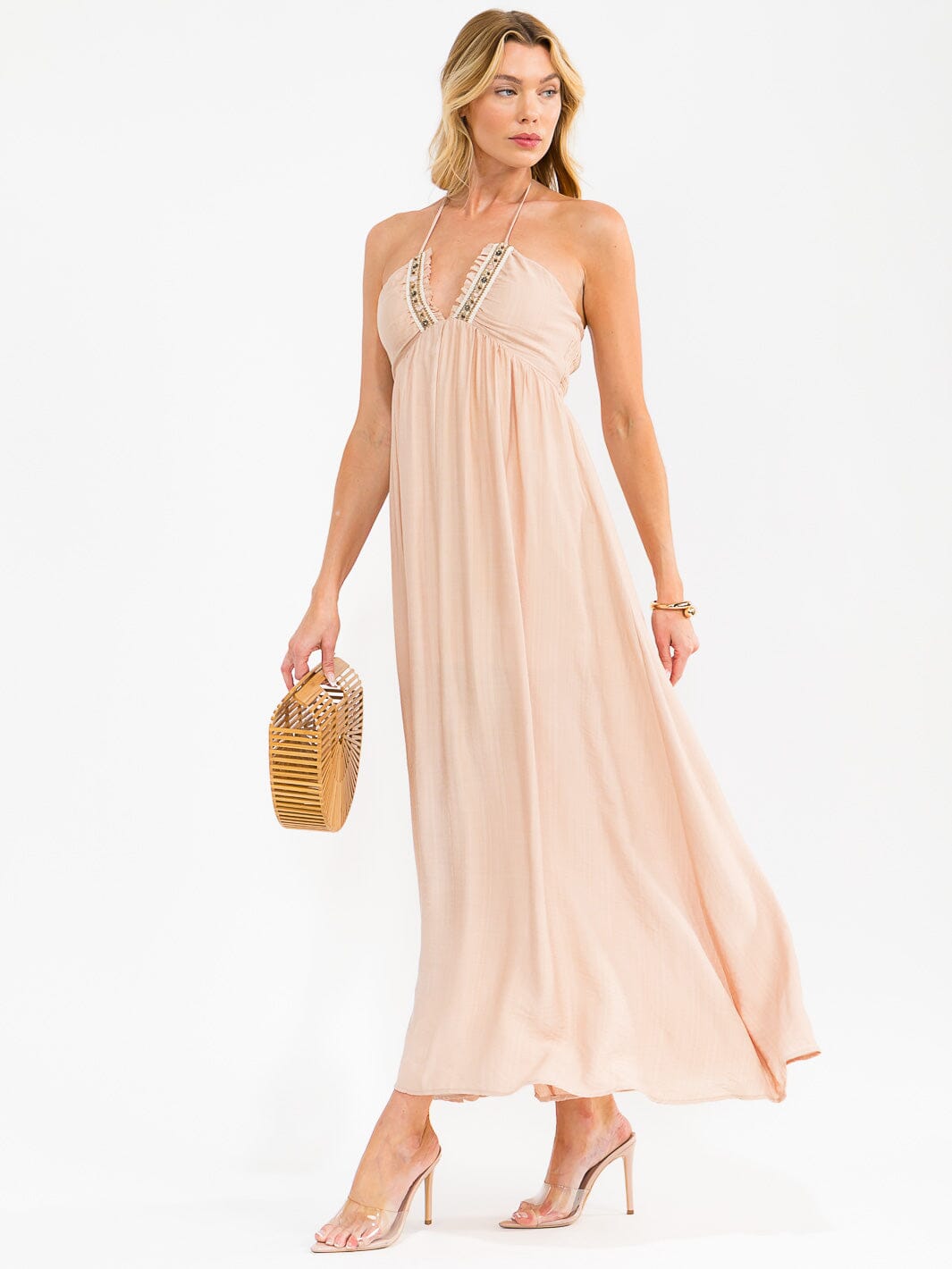 WOMEN'S SLEEVELESS V-NECK HALTER NECK OPEN BACK MAXI DRESS