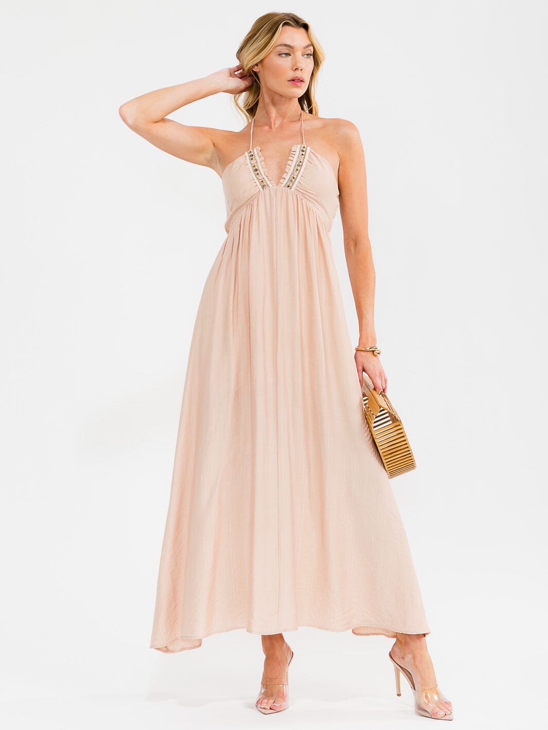 WOMEN'S SLEEVELESS V-NECK HALTER NECK OPEN BACK MAXI DRESS