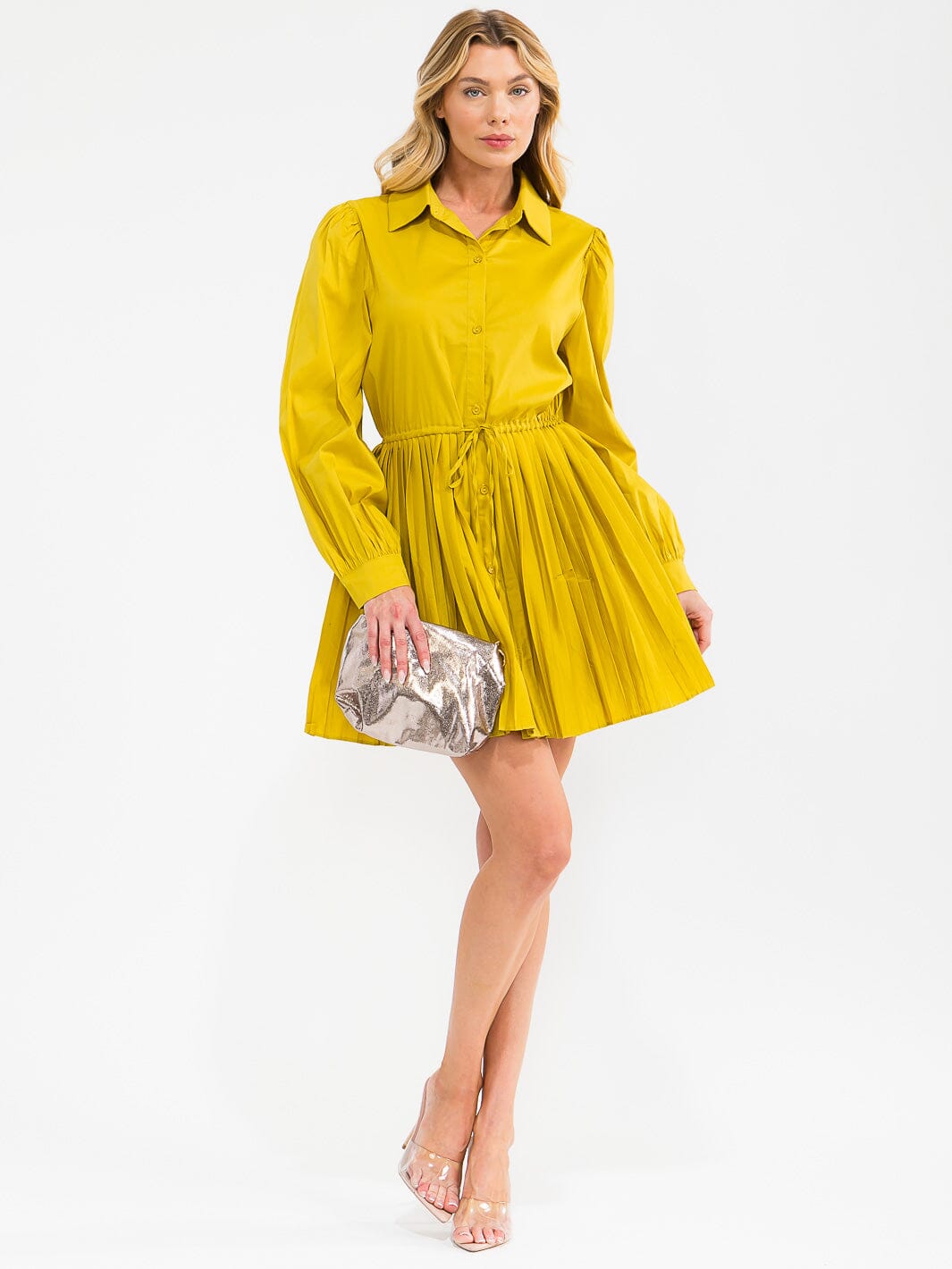WOMEN'S LONG SLEEVE BUTTON UP FIT & FLARE PLEATED MINI DRESS