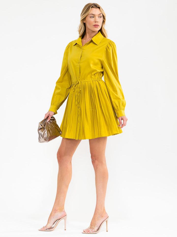 WOMEN'S LONG SLEEVE BUTTON UP FIT & FLARE PLEATED MINI DRESS