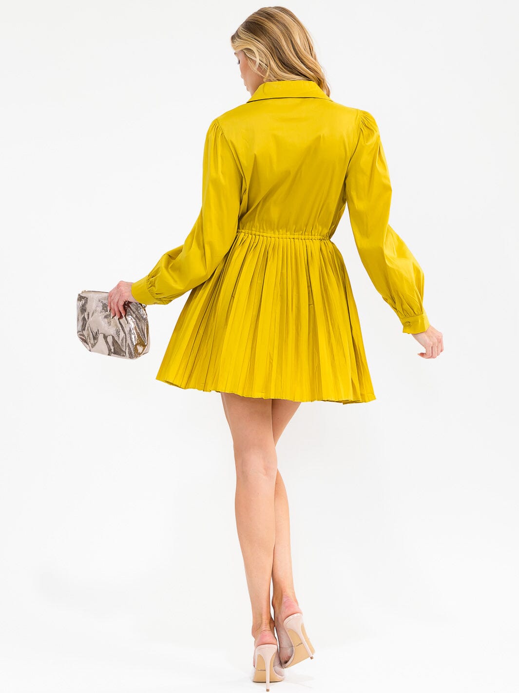 WOMEN'S LONG SLEEVE BUTTON UP FIT & FLARE PLEATED MINI DRESS