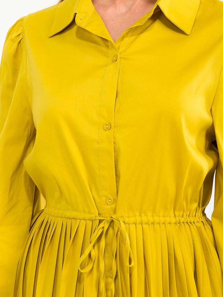 WOMEN'S LONG SLEEVE BUTTON UP FIT & FLARE PLEATED MINI DRESS