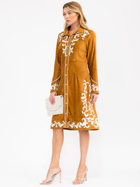 WOMEN'S LONG SLEEVE BUTTON UP EMBROIDERY DETAILED MIDI DRESS