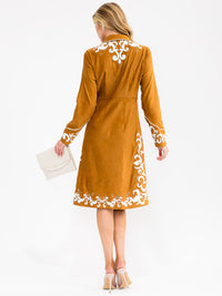 WOMEN'S LONG SLEEVE BUTTON UP EMBROIDERY DETAILED MIDI DRESS