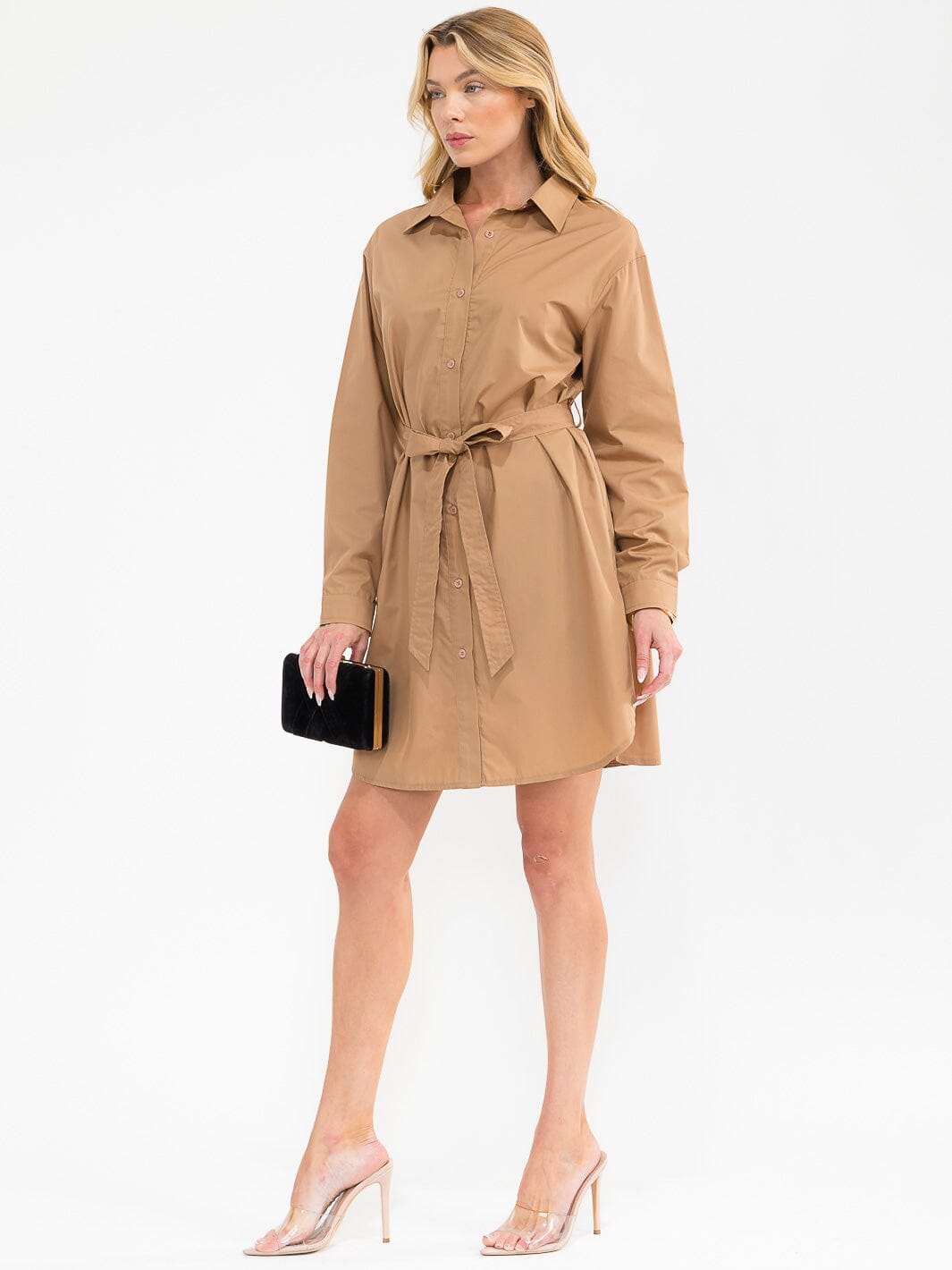 WOMEN'S LONG SLEEVE BUTTON UP SELF TIE MINI DRESS