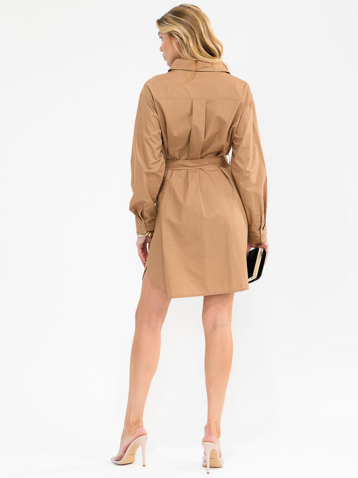 WOMEN'S LONG SLEEVE BUTTON UP SELF TIE MINI DRESS