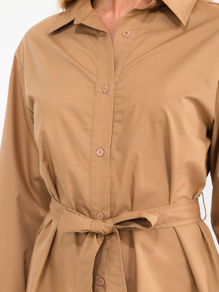 WOMEN'S LONG SLEEVE BUTTON UP SELF TIE MINI DRESS