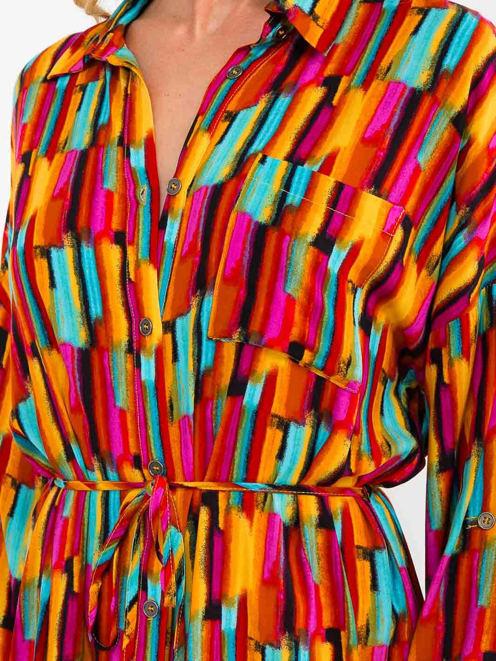 WOMEN'S LONG SLEEVE BUTTON UP SELF TIE SIDE SLIT MULTI PRINT MAXI DRESS