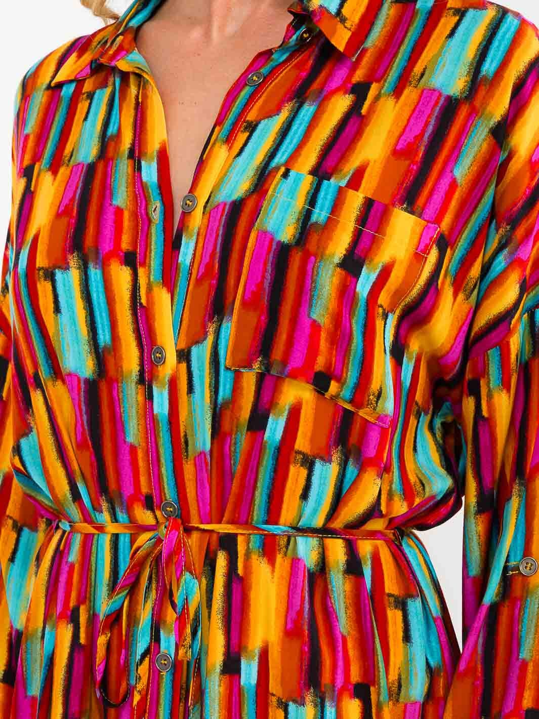 WOMEN'S LONG SLEEVE BUTTON UP SELF TIE SIDE SLIT MULTI PRINT MAXI DRESS