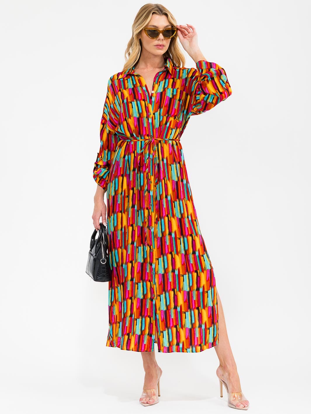 WOMEN'S LONG SLEEVE BUTTON UP SELF TIE SIDE SLIT MULTI PRINT MAXI DRESS