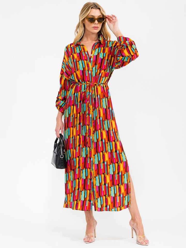 WOMEN'S LONG SLEEVE BUTTON UP SELF TIE SIDE SLIT MULTI PRINT MAXI DRESS