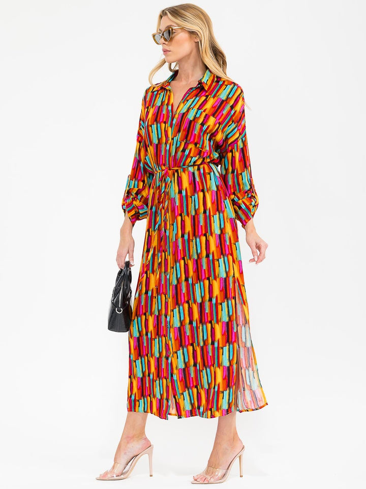 WOMEN'S LONG SLEEVE BUTTON UP SELF TIE SIDE SLIT MULTI PRINT MAXI DRESS