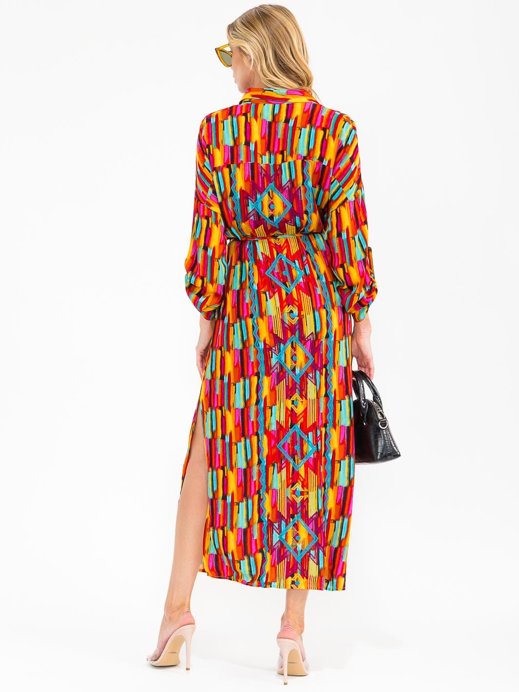 WOMEN'S LONG SLEEVE BUTTON UP SELF TIE SIDE SLIT MULTI PRINT MAXI DRESS