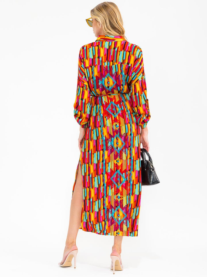 WOMEN'S LONG SLEEVE BUTTON UP SELF TIE SIDE SLIT MULTI PRINT MAXI DRESS