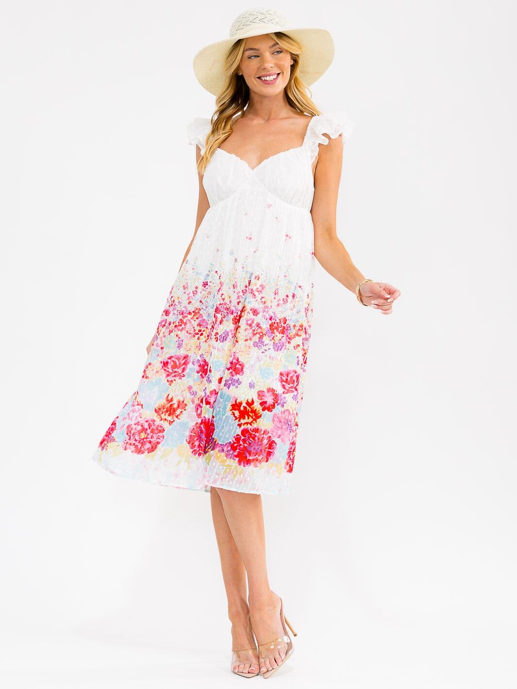 WOMEN'S SLEEVELESS V-NECK SWISS DETAILED FLORAL MIDI DRESS