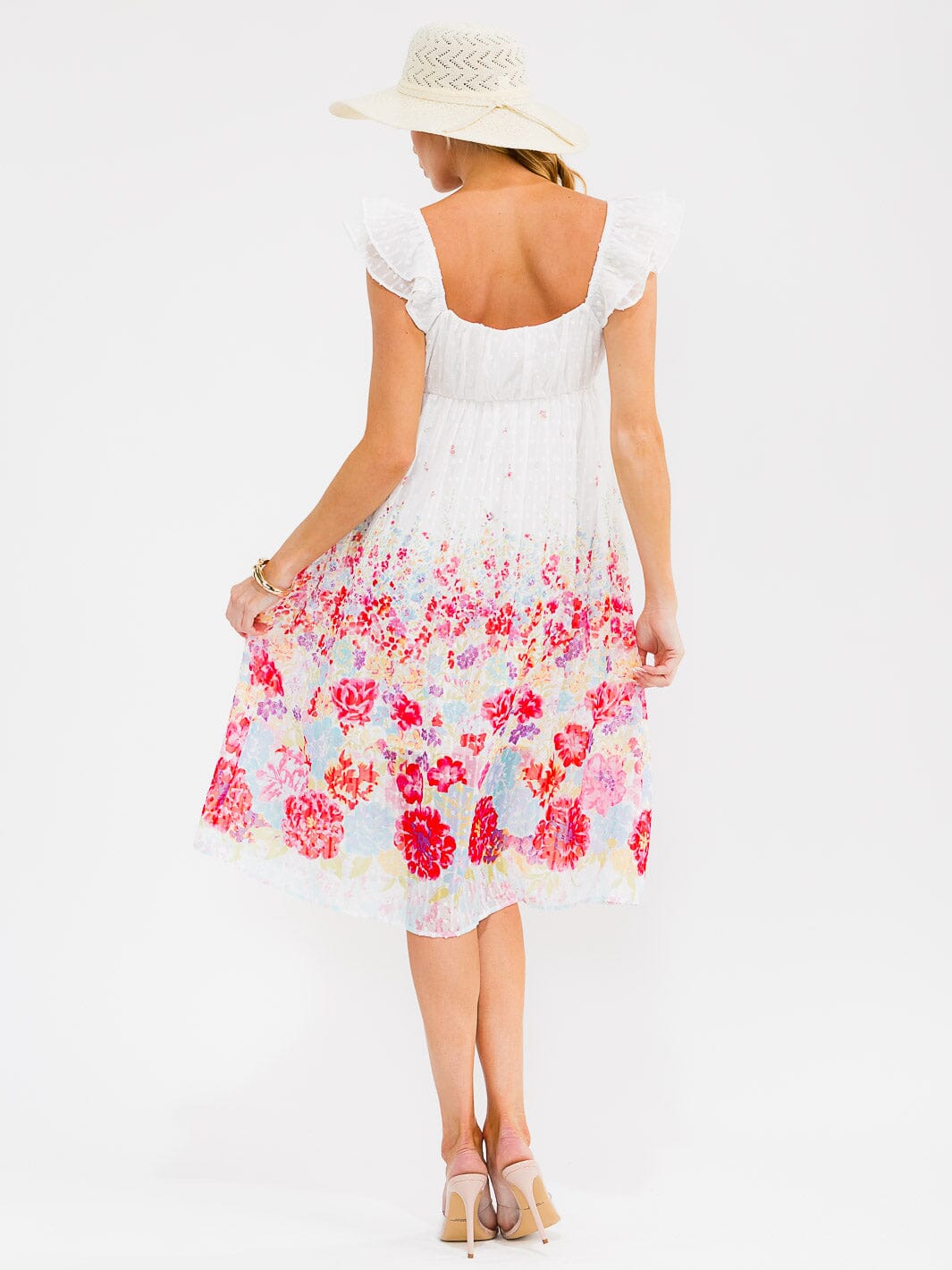 WOMEN'S SLEEVELESS V-NECK SWISS DETAILED FLORAL MIDI DRESS