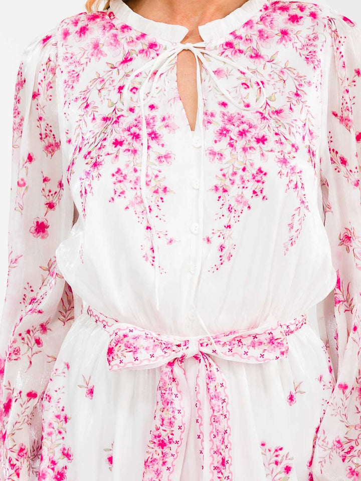 WOMEN'S LONG SLEEVE V-NECK ELASTIC WAIST SELF TIE FLORAL ROMPER