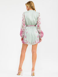 WOMEN'S LONG SLEEVE V-NECK ELASTIC WAIST SELF TIE FLORAL ROMPER