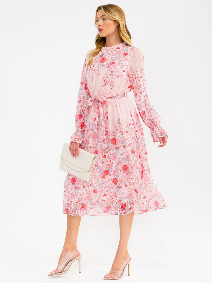WOMEN'S LONG SLEEVE ELASTIC WAIST SWISS DETAILED FLORAL MIDI DRESS