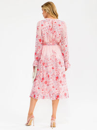 WOMEN'S LONG SLEEVE ELASTIC WAIST SWISS DETAILED FLORAL MIDI DRESS