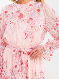 WOMEN'S LONG SLEEVE ELASTIC WAIST SWISS DETAILED FLORAL MIDI DRESS