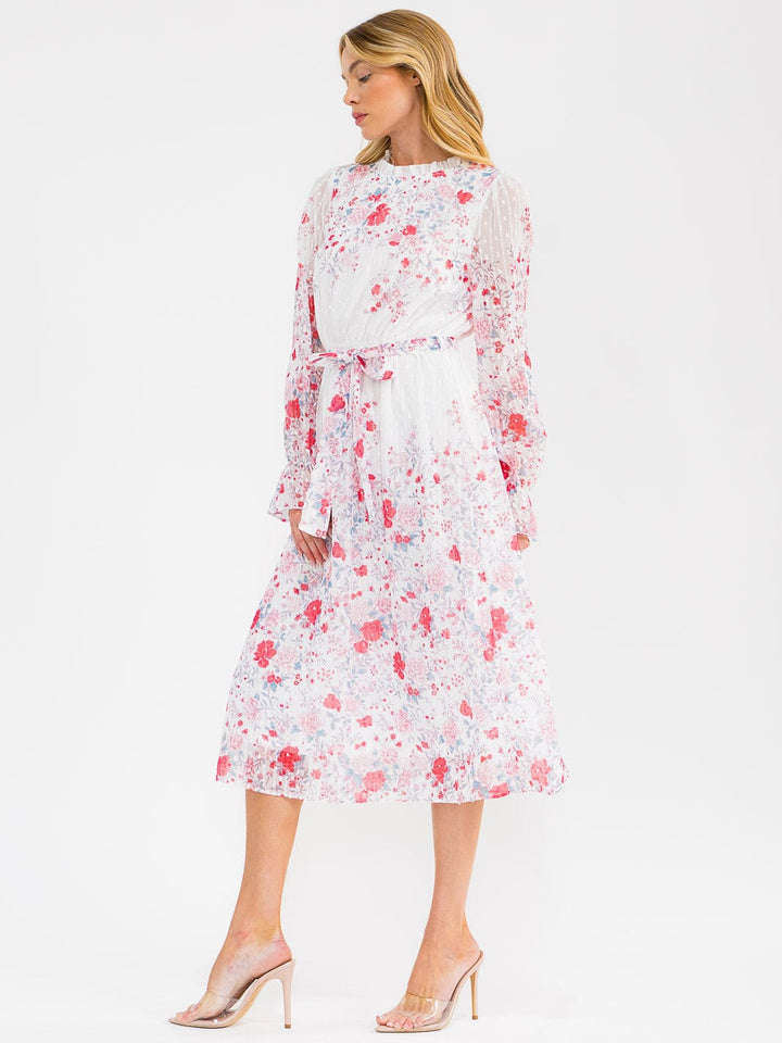 WOMEN'S LONG SLEEVE ELASTIC WAIST SWISS DETAILED FLORAL MIDI DRESS