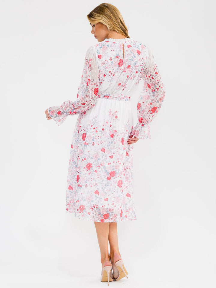 WOMEN'S LONG SLEEVE ELASTIC WAIST SWISS DETAILED FLORAL MIDI DRESS