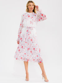 WOMEN'S LONG SLEEVE ELASTIC WAIST SWISS DETAILED FLORAL MIDI DRESS