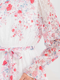 WOMEN'S LONG SLEEVE ELASTIC WAIST SWISS DETAILED FLORAL MIDI DRESS