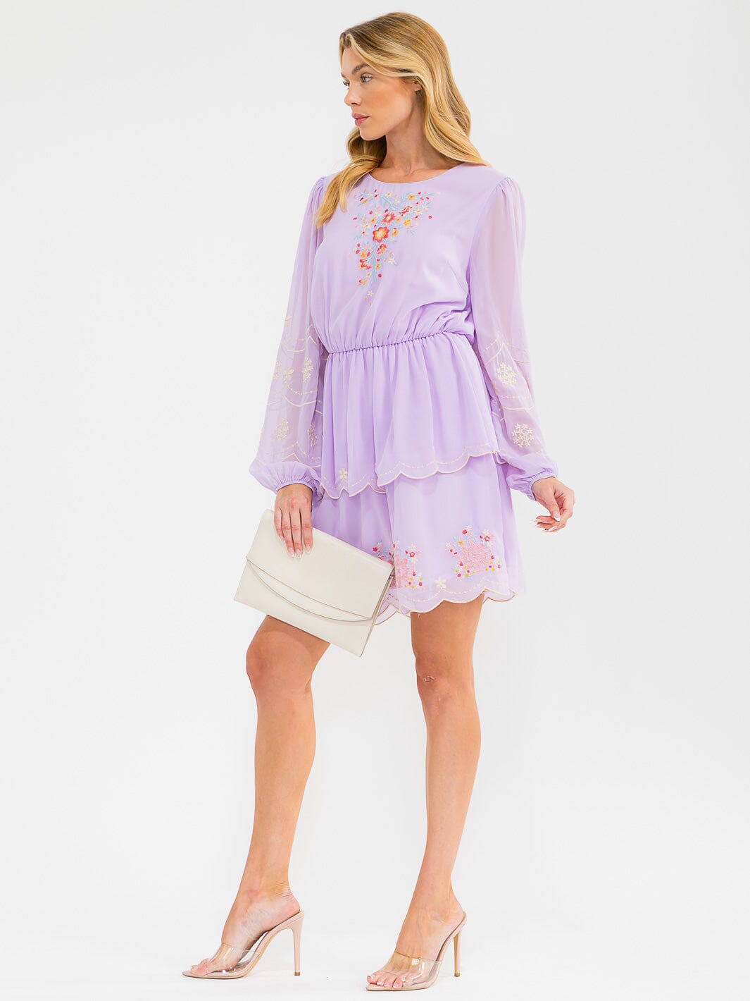 WOMEN'S LONG SLEEVE ELASTIC WAIST TIERED EMBROIDERY FLORAL DETAILED MINI DRESS