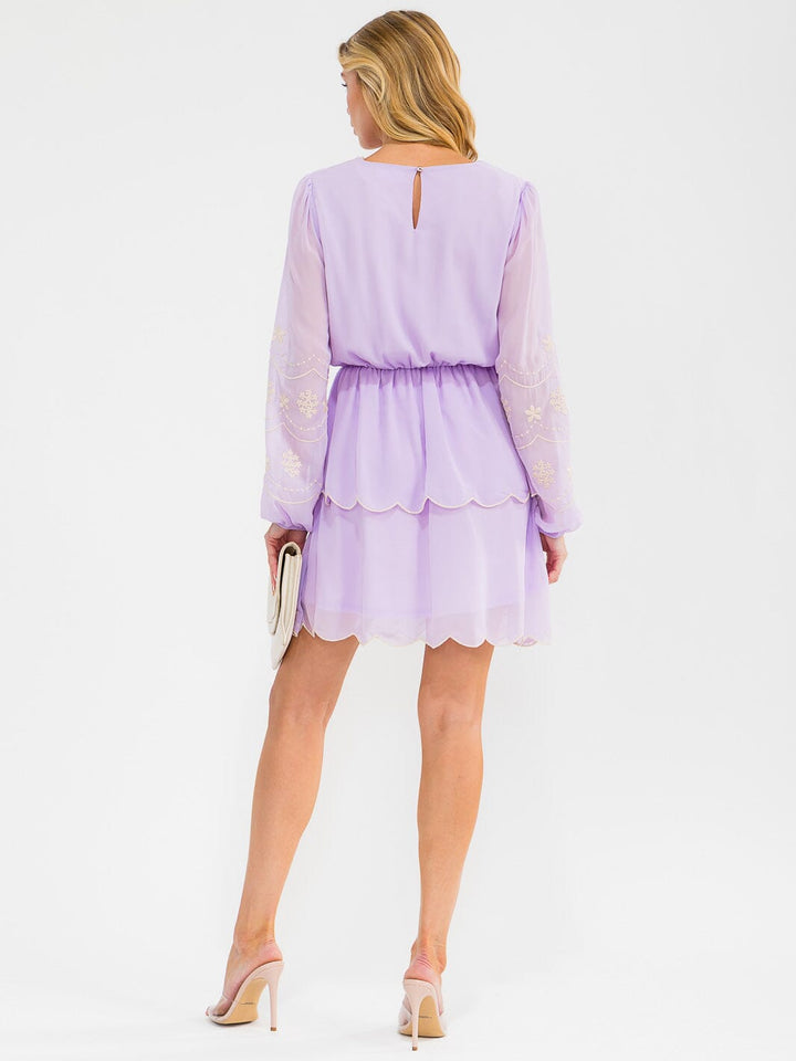 WOMEN'S LONG SLEEVE ELASTIC WAIST TIERED EMBROIDERY FLORAL DETAILED MINI DRESS