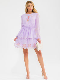 WOMEN'S LONG SLEEVE ELASTIC WAIST TIERED EMBROIDERY FLORAL DETAILED MINI DRESS