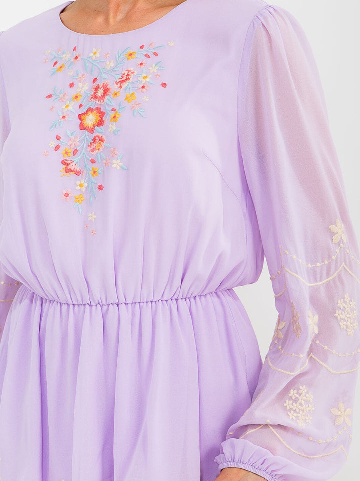 WOMEN'S LONG SLEEVE ELASTIC WAIST TIERED EMBROIDERY FLORAL DETAILED MINI DRESS