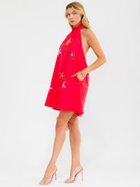 WOMEN'S SLEEVELESS HALTER NECK FRONT POCKETS OPEN BACK SEQUINS STARS MINI DRESS